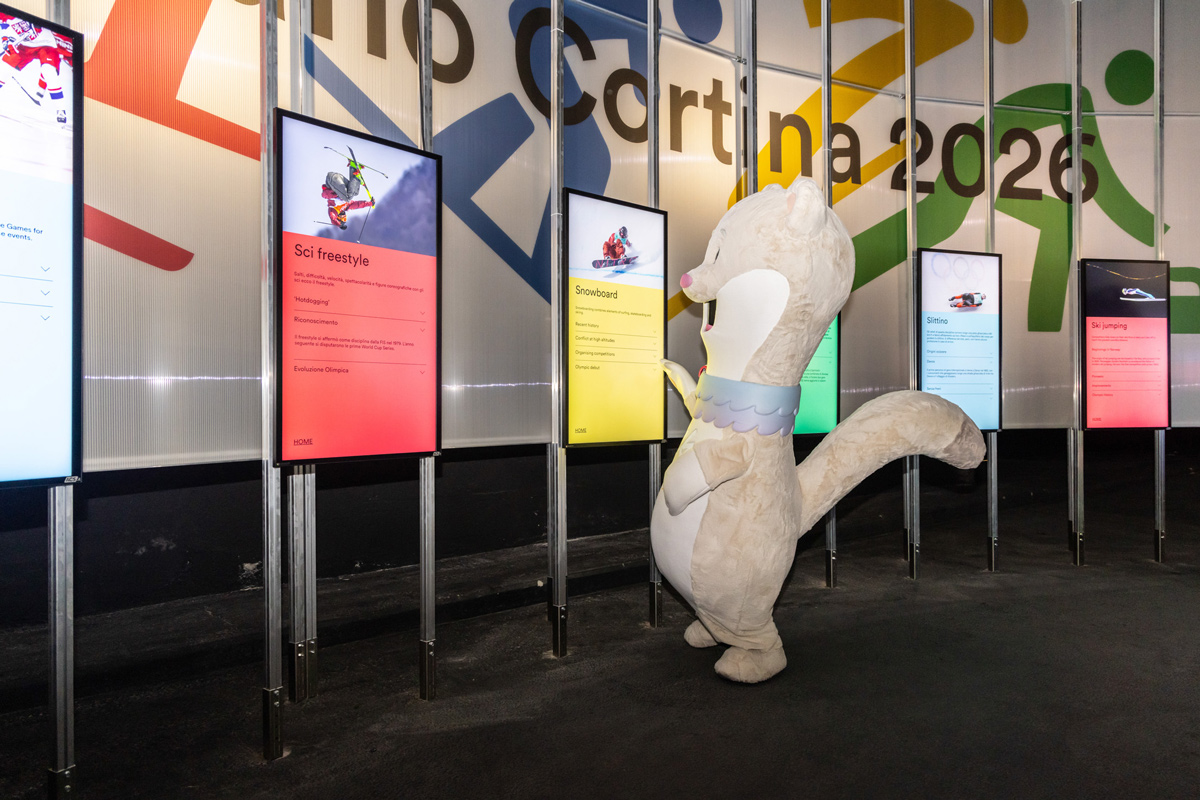 Foto con la Mascotte tina che guarda dei cartelloli delle olimpiadi e paralimpiadi invernali