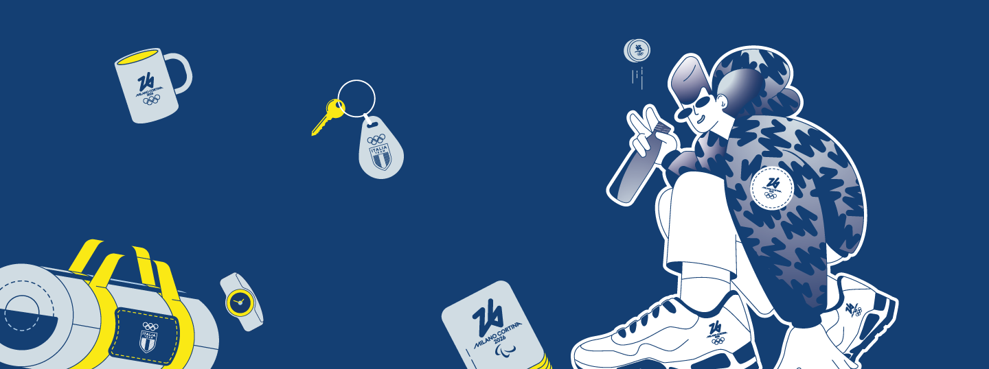 Background image depicting a stylised boy with a bag, mug and key ring branded Milan Cortina 2026