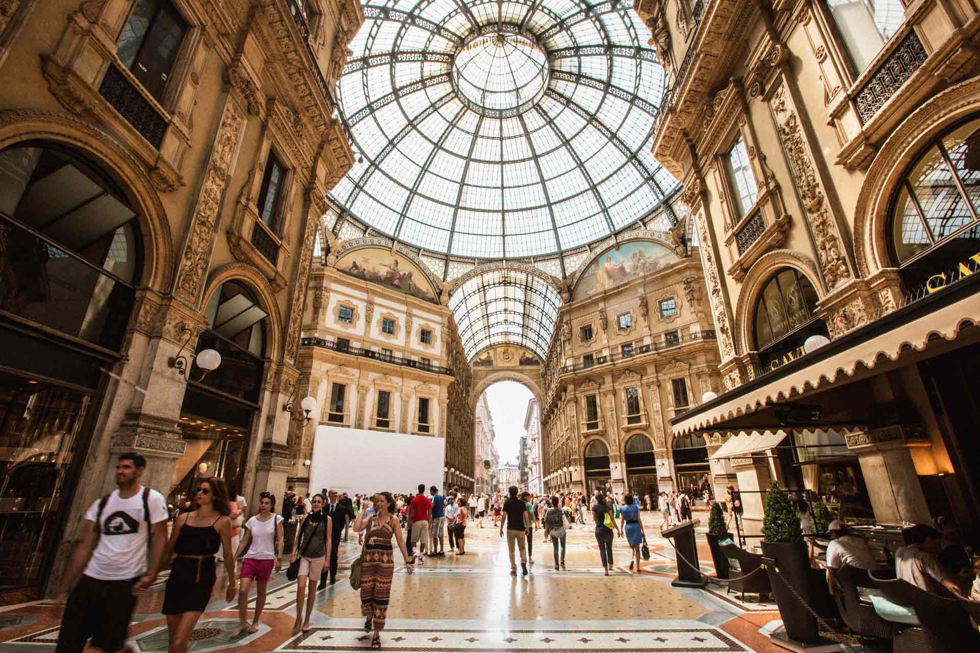 Interior view of the Galleria Vittorio Emanuele in Milano, with its glass dome