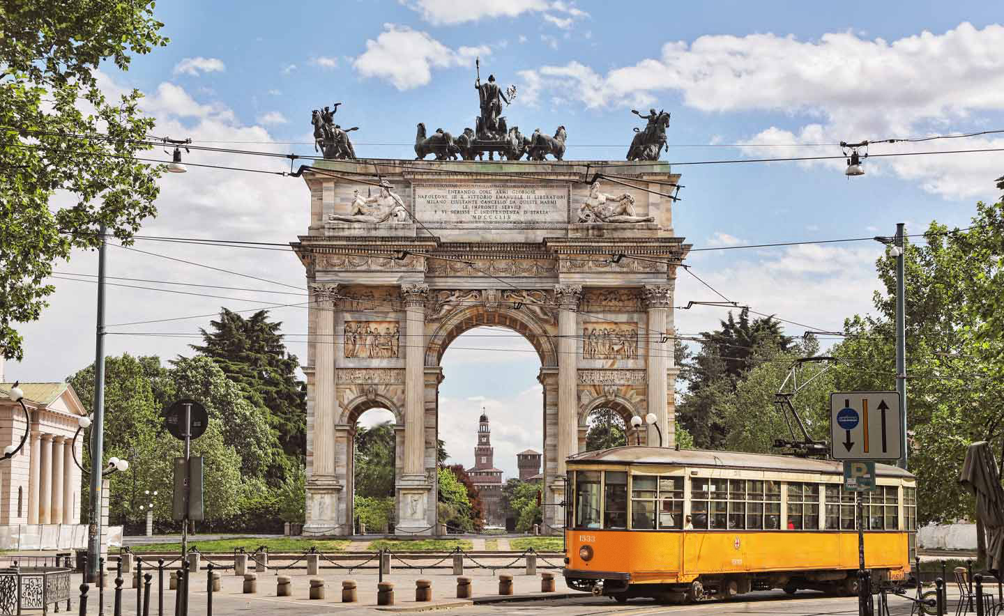 View of the Arco della Pace in Milan with the blue sky