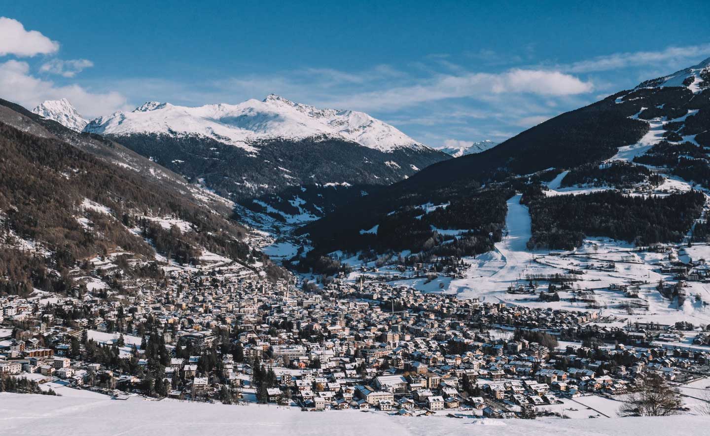 Panoramic view of the picturesque alpine village of Bormio