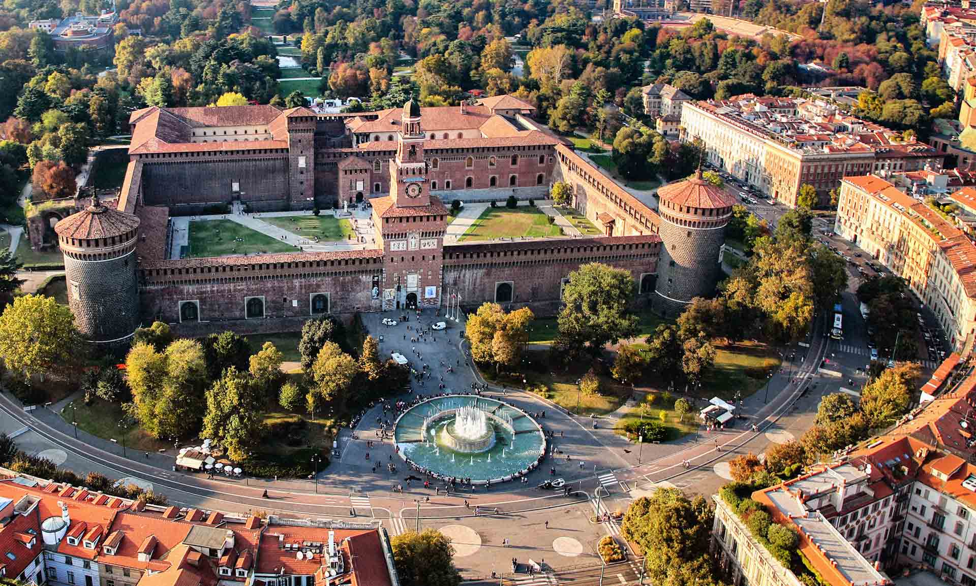 Aerial view of Sforza Castle in Milano, with Parco Sempione in the background