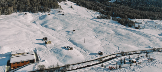 an aerial view of the Snow Park of Livigno covered with snow with houses and trees