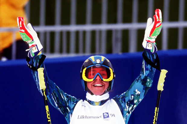 DEBORAH COMPAGNONI OF ITALY CELEBRATES HER WIN TODAY IN THE WOMEN's GIANT SLALOM AT THE 1994 WINTER OLYMPICS IN LILLEHAMMER.