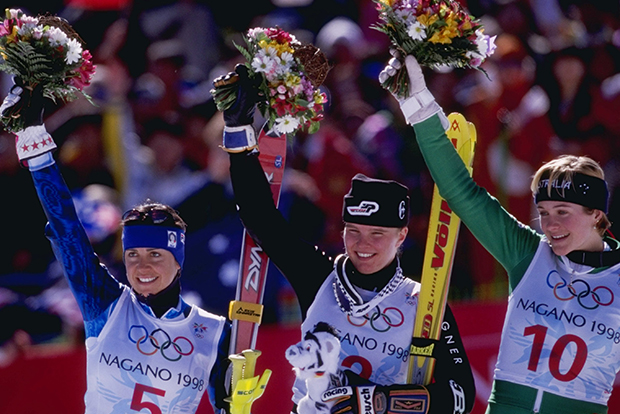 Deborah Compagnoni wins the silver medal, Hilde Gerg of Germany wins the gold medal and Zali Steggall of Australia wins the bronze medal in the womens slalom at Shiga Kogen during the 1998 Olympic Winter Games in Nagano, Japan.