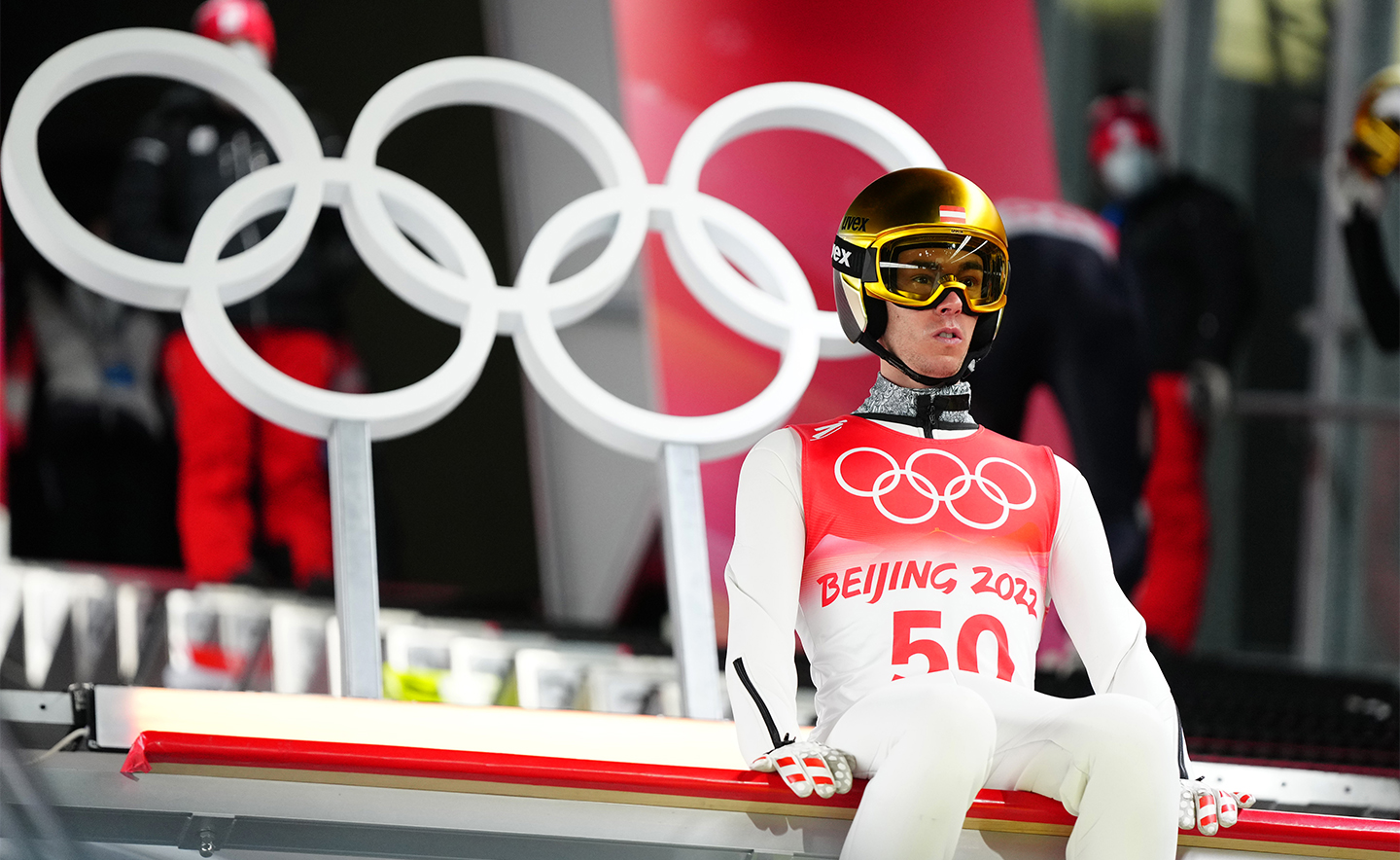 ZHANGJIAKOU, CHINA - FEBRUARY 11: Stefan Kraft of Team Austria prepares to compete during the Men's Large Hill Individual Trial Round for Qualification on day 7 of Beijing 2022 Winter Olympics at National Ski Jumping Centre on February 11, 2022 in Zhangjiakou, China. (Photo by Pool/Getty Images)