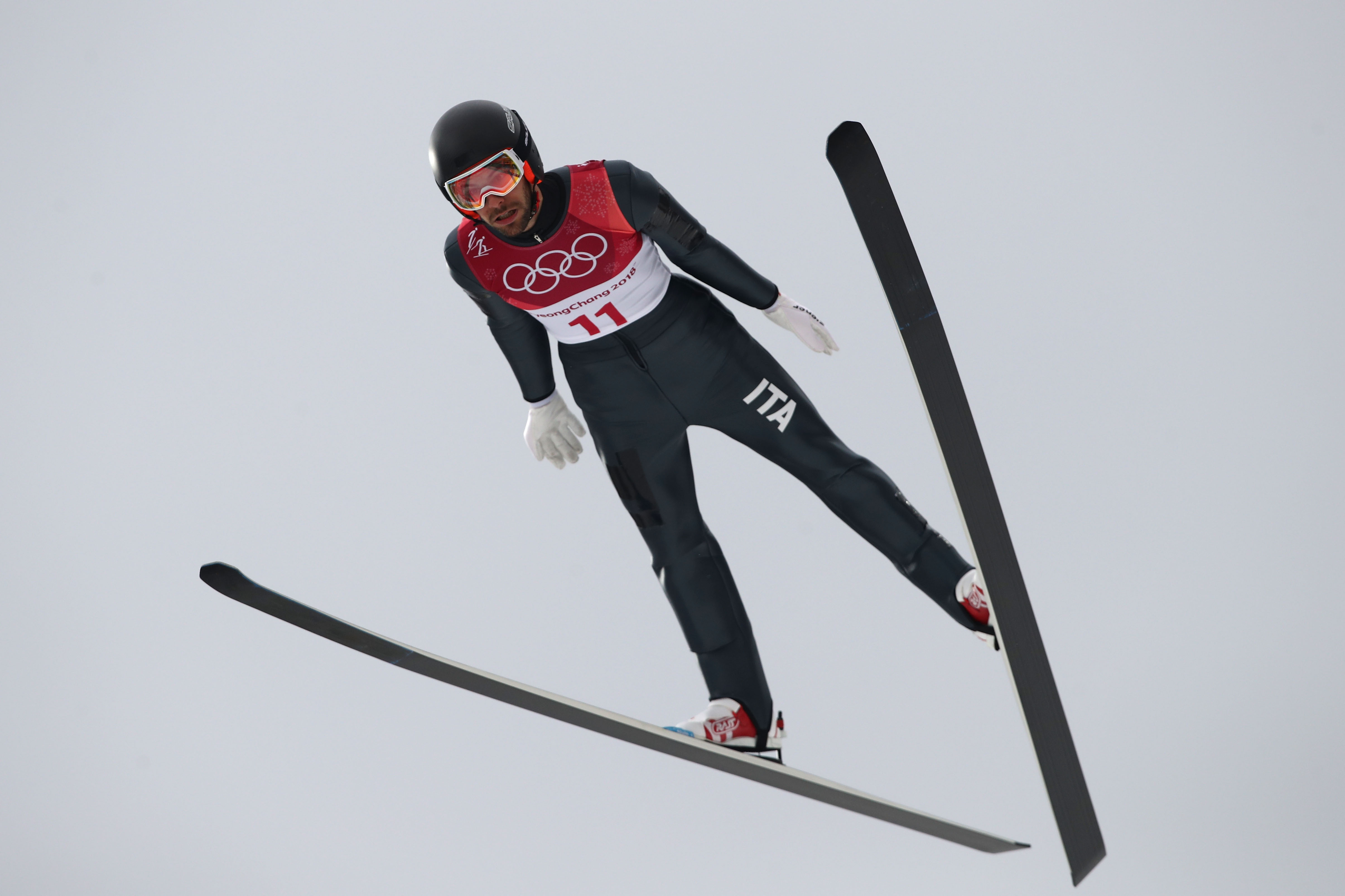 PYEONGCHANG-GUN, SOUTH KOREA - FEBRUARY 14: Raffaele Buzzi of Italy makes a trial jump during the Nordic Combined Individual Gundersen Normal Hill and 10km Cross Country on day five of the PyeongChang 2018 Winter Olympics at Alpensia Cross-Country Centre on February 14, 2018 in Pyeongchang-gun, South Korea. (Photo by Clive Mason/Getty Images)