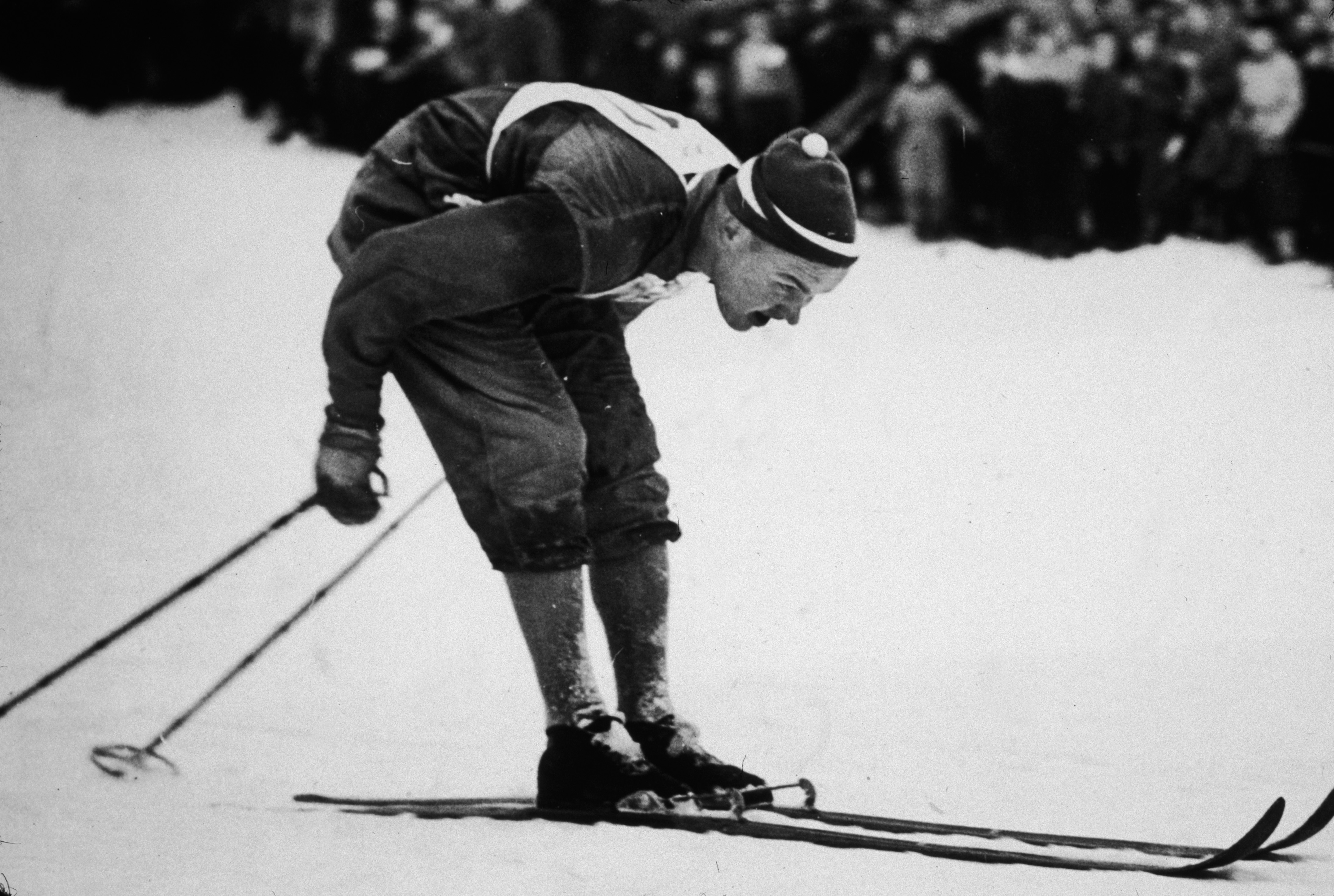 Norwegian skier Simon Slattvik wins the gold medal at the Individual Men's Nordic Combined finals during the VI Winter Olympic Games, February 18, 1952, Oslo, Norway. (Photo by Hulton Archive/Getty Images)