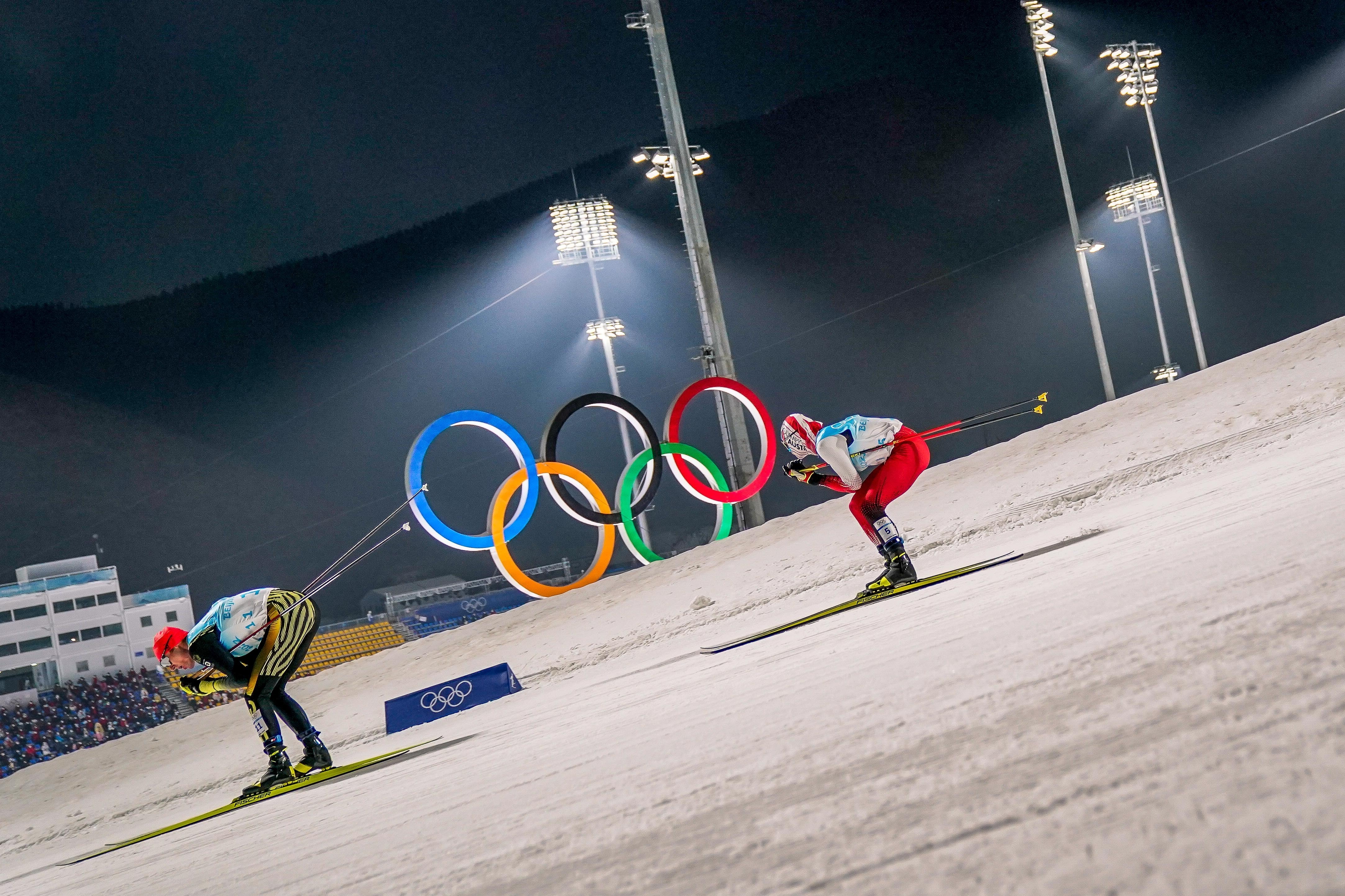 BEIJING, CHINA - FEBRUARY 9 : Vinzenz Geiger of Team Germany, Johannes Lamparter of team Austria compete during the Olympic Games 2022, Men's Nordic Combined on February 9, 2022 in Zhangjiakou China. (Photo by Michel Cottin/Agence Zoom/Getty Images)