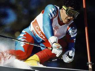 Alberto Tomba of Italy in action during the Mens Giant Slalom ski event on 25 February 1988 during the XV Olympic Winter Games in Calgary, Canada.