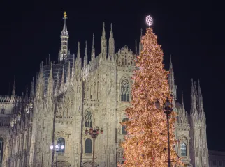 Foto del Duomo di Milano e dell'albero di natale acceso