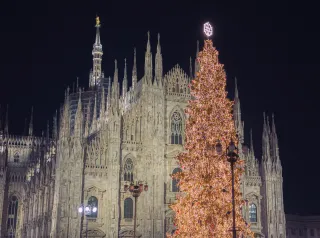 Foto del Duomo di Milano e dell'albero di natale acceso