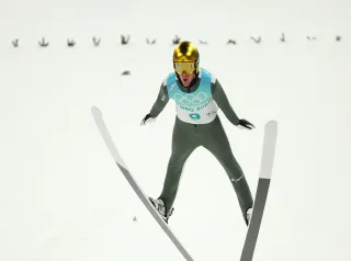 ZHANGJIAKOU, CHINA - FEBRUARY 14: Daniel Andre Tande of Team Norway competes during Men's Ski jumping Trial Round For Competition on Day 10 of Beijing 2022 Winter Olympics at National Ski Jumping Centre on February 14, 2022 in Zhangjiakou, China. (Photo by Maja Hitij/Getty Images)