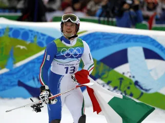 WHISTLER, BC - FEBRUARY 27: Giuliano Razzoli of Italy celebrates after the Men's Slalom second run on day 16 of the Vancouver 2010 Winter Olympics at Whistler Creekside on February 27, 2010 in Whistler, Canada (Photo by Clive Rose/Getty Images)