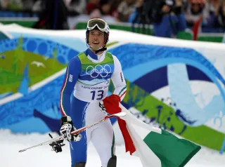 WHISTLER, BC - FEBRUARY 27: Giuliano Razzoli of Italy celebrates after the Men's Slalom second run on day 16 of the Vancouver 2010 Winter Olympics at Whistler Creekside on February 27, 2010 in Whistler, Canada (Photo by Clive Rose/Getty Images)