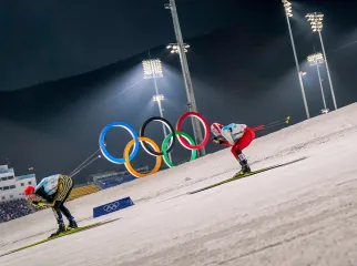 BEIJING, CHINA - FEBRUARY 9 : Vinzenz Geiger of Team Germany, Johannes Lamparter of team Austria compete during the Olympic Games 2022, Men's Nordic Combined on February 9, 2022 in Zhangjiakou China. (Photo by Michel Cottin/Agence Zoom/Getty Images)